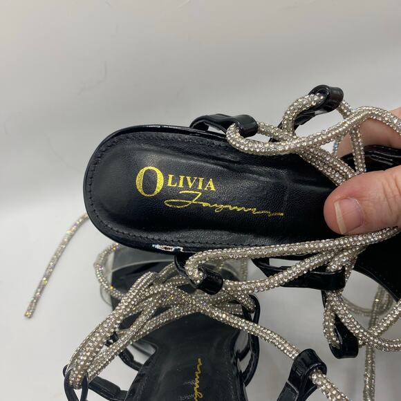 Olivia Jaymes Rhinestone Lace Up Heels Black Patent Clear Strap Size 8 formal - Picture 5 of 6